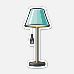 A detailed illustration of a stylish floor lamp with a teal lampshade and a tassel.