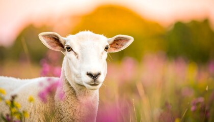 Sheep in a field at sunset