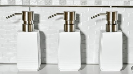 Obraz premium Three sleek, white soap dispensers with brushed silver pumps stand in a row against a patterned tiled background. They are square-shaped and modern in design