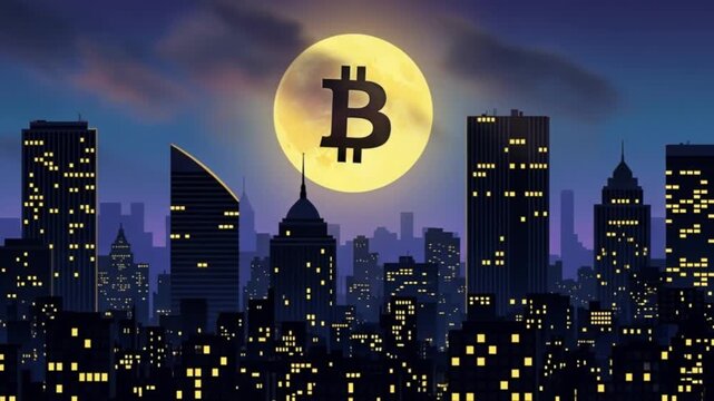 Bitcoin Moon Over Cityscape: Cryptocurrency Rising in Urban Financial Landscape