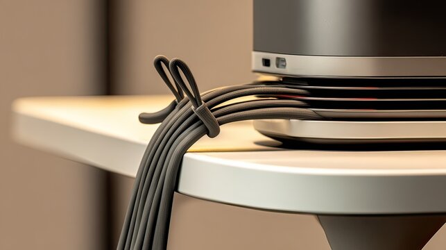 Close-up of dark gray cables neatly bundled with a simple knot, extending from the back of a sleek, rectangular device resting on a light-colored surface.  The device has subtle metallic accents