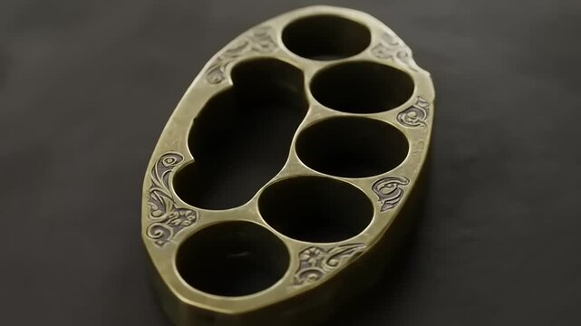 Ornate brass knuckle duster resting on a dark surface, showcasing intricate designs and craftsmanship