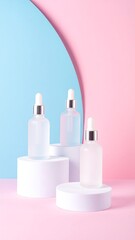 Three frosted glass bottles on white podiums against a pastel pink and blue backdrop
