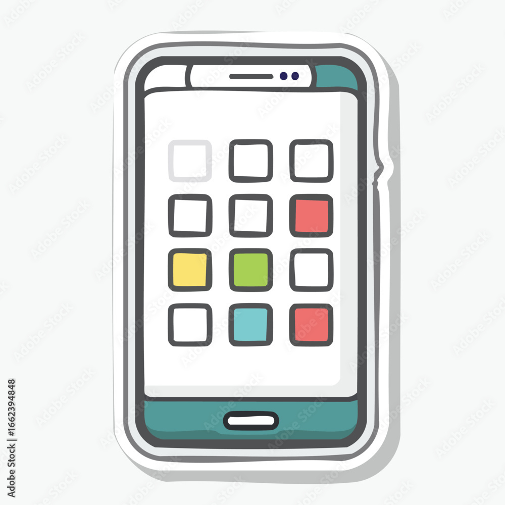 Poster cartoon illustration of a smartphone with a screen displaying various application icons.