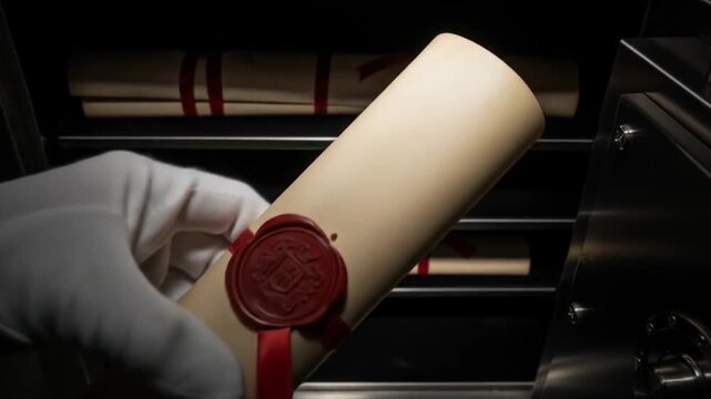 Unveiling Sealed Scrolls: A Glimpse Inside a Secure Vault with Red Ribboned Documents