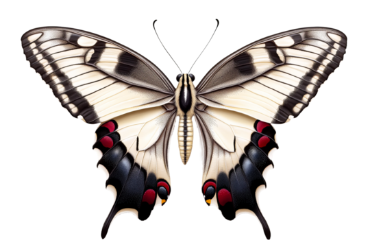 Butterfly displays symmetrical wings with patterns of , and red against a isolated background.