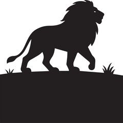 Obraz premium Lion silhouette walking across a desert plain, distant dunes and soft gradient sky, clean vector lines