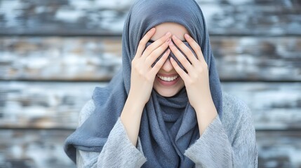 Happy Muslim Woman Hiding Face Behind Hands Smiling Gray Hijab