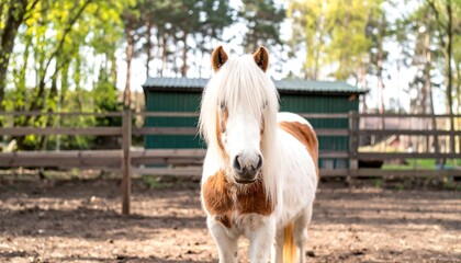 Portrait of a pony in a paddock.