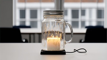 A lit candle sits within a clear glass jar with a handle, resting on a small black square base and connected to a cord, positioned on a white table against a blurry office background