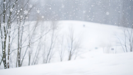 A serene, soft-focus winter landscape featuring a snow-covered hill and blurred, bare trees, with large, delicate snowflakes falling. A tranquil and peaceful scene.