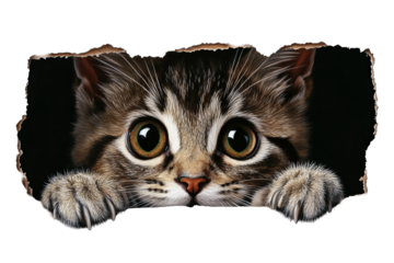 Cat peers through a ripped paper border, displaying large eyes and extended paws.