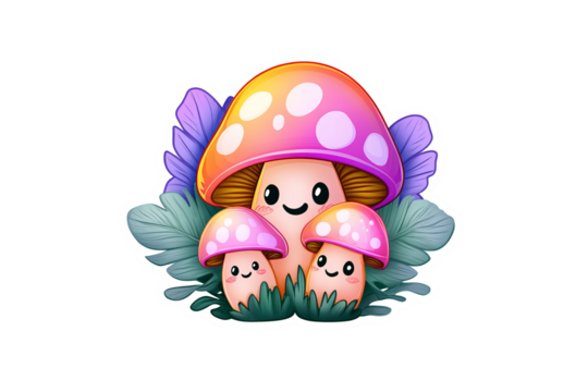 Cartoon mushrooms with smiling faces sit nestled among vibrant purple flowers and leafy green grass.