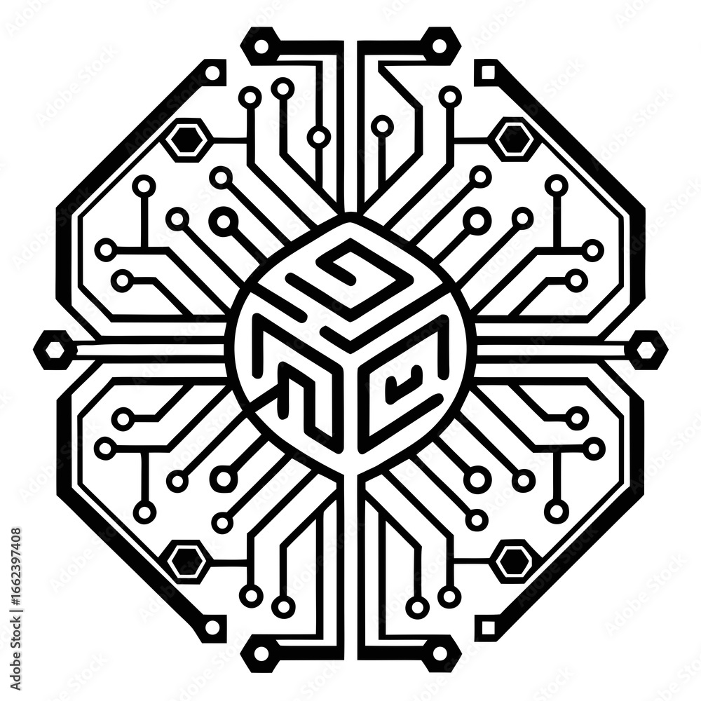 Poster abstract geometric circuit board design with a central cube motif silhouette isolated on white backg