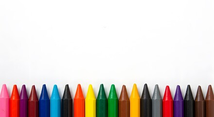 Colorful Crayons Arranged Neatly on a White Background for Creative Artistic Expression