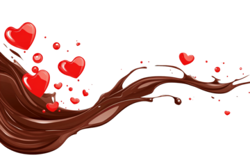 Chocolate wave swirls around floating red hearts against a dark void background.