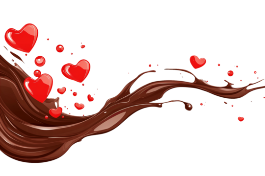 Chocolate wave swirls around floating red hearts against a dark void background.