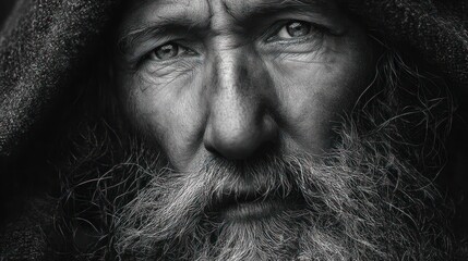 Fototapeta premium Close-up of an old, hooded man with a long beard, black and white