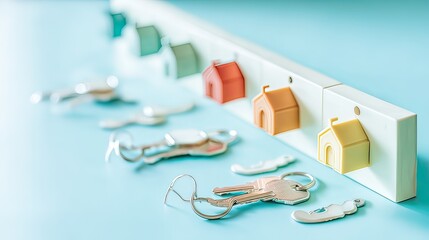 Miniature houses on a key holder with several sets of keys scattered on a light blue surface, suggesting real estate or property ownership