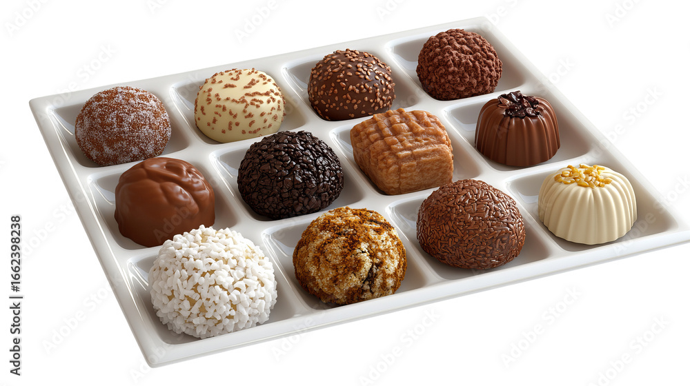 Poster chocolates are displayed in a square divided tray showcasing assorted flavors and textures.