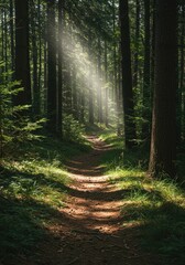 Obraz premium Sunlight streams through a dense forest path