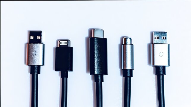 Five different connector types of cables, including USB-A, USB-C, Lightning, and HDMI, arranged on a white background.  Each cable is black with a metallic connector