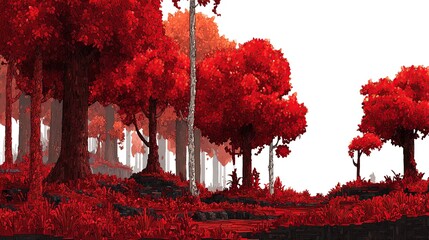 Pixel art forest with vibrant red trees.  A path winds through a dense forest of tall, red trees against a white background.  Low-poly style, with detailed foliage and light-colored trunks