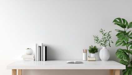 Minimalist white desk with office supplies and green plants on clean white background with copy space for text