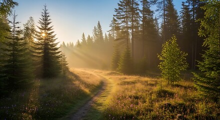 Misty forest sunrise path