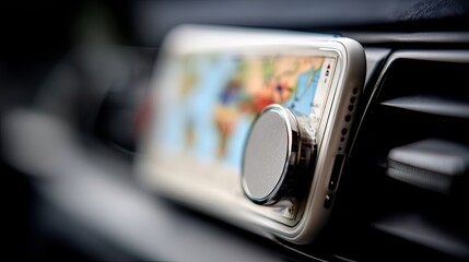 Close-up of a smartphone in a magnetic car mount, displaying a world map navigation app, secured in a vehicle's air vent
