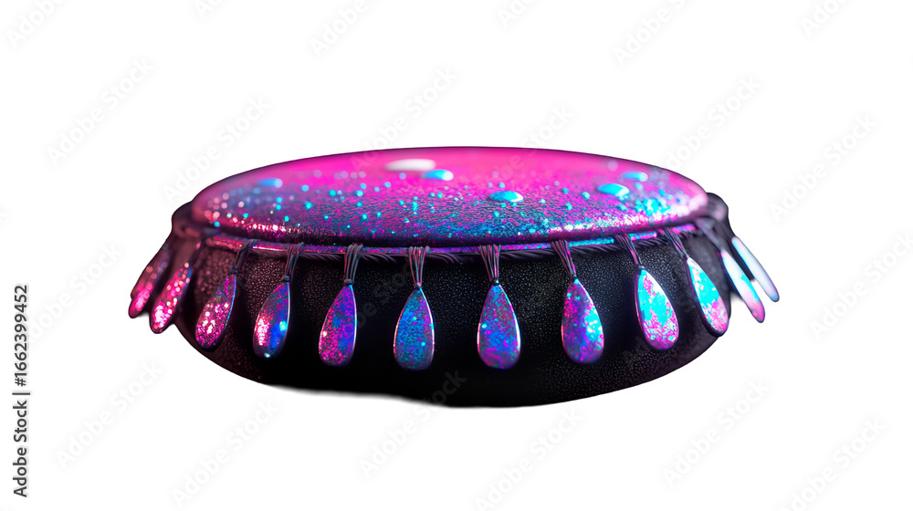 Poster decorated object featuring colorful droplets is displayed with pendant decorations around the edge.