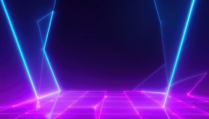 Futuristic digital stage with glowing neon grid and laser lines on a dark background. Ideal for tech, gaming, or synthwave designs.