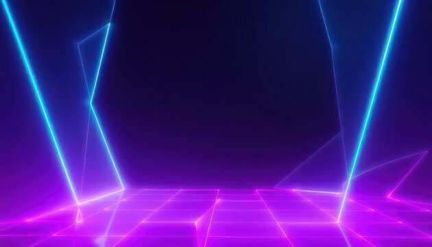Futuristic digital stage with glowing neon grid and laser lines on a dark background. Ideal for tech, gaming, or synthwave designs.