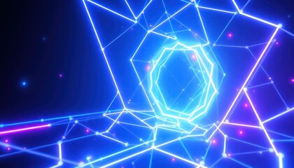 Futuristic abstract neon light network creating a glowing tunnel, symbolizing digital connections, data flow, and modern technology.