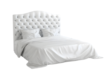 White bed with tufted headboard, draped in white linens.