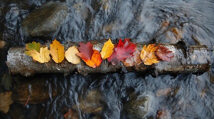 Autumn's colorful display, Fallen leaves on a log over flowing water