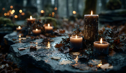fabulous Night forest and magic candles. mysterious fairy scene. witchcraft ritual. fall season natural Background. Samhain, Halloween holiday concept. copy space