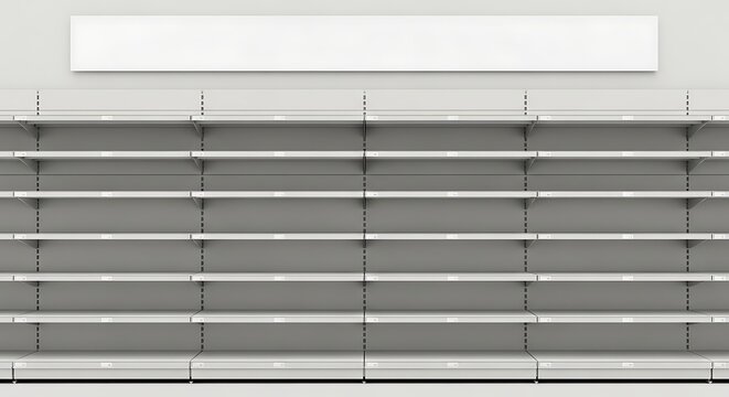 Empty Store Shelves with White Sign Ready for Products
