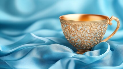 Exquisite gold teacup with intricate floral detailing resting on soft blue silk fabric