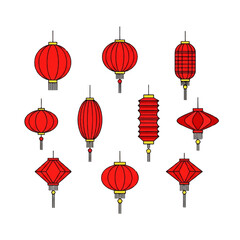 Set of ten traditional red Chinese paper lanterns with gold accents and black outlines featuring various shapes and styles.