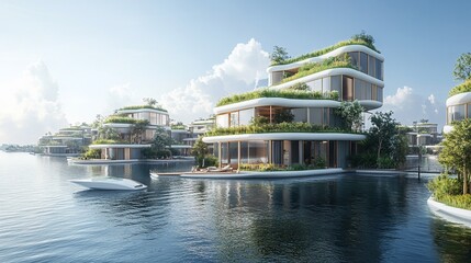 Futuristic Eco-Friendly Floating Residences with Lush Green Roofs on the Water