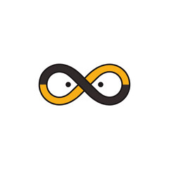Stylized black and yellow infinity symbol with eyes resembling a minimalist mask.