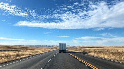 Endless road ahead, Truck journey through vast golden plains under a clear blue sky