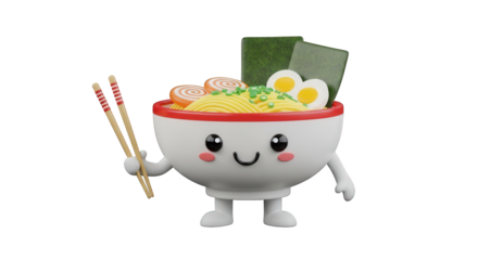 A cheerful, cartoon-style bowl of ramen noodles with a smiling face, holding chopsticks, ready to be enjoyed.