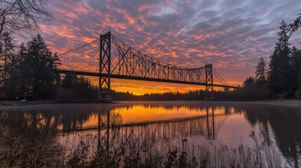 Obraz premium A majestic suspension bridge spans a river at sunrise, with vibrant colors reflected in the calm water