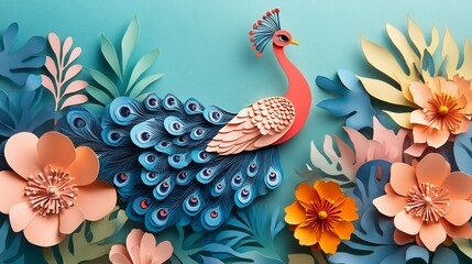 Elegant peacock paper art with vibrant floral decorations and layered details