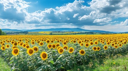 Obraz premium Sunflowers field stretches to a distant horizon under a partly cloudy sky