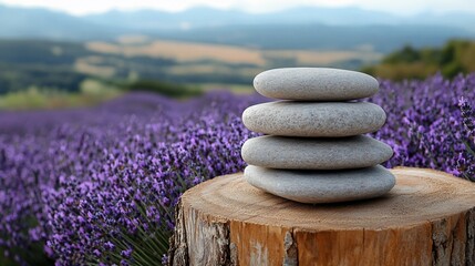 Zen Stones Stacked on a Tree Stump with Lavender Field Backdrop
