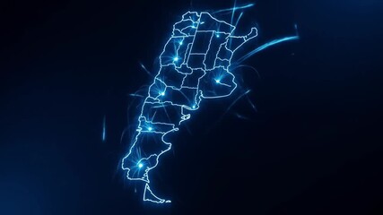 Futuristic digital map of Argentina glowing with blue neon technology lines in dark background - Powered by Adobe