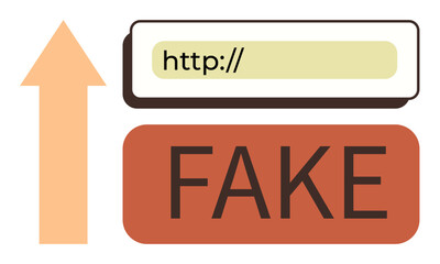 Upward arrow with URL bar and bold FAKE warning. Ideal for fraud prevention, cybersecurity, online safety, phishing alerts, scams, risk communication, and awareness campaigns. Simple flat metaphor